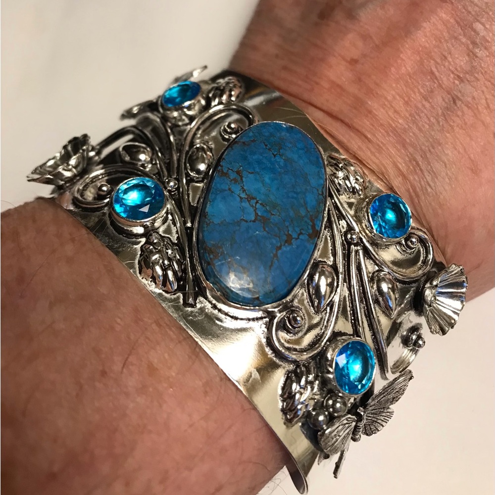 Turquoise Blue Topaz Stamped 925 Sterling Silver Cuff Bracelet